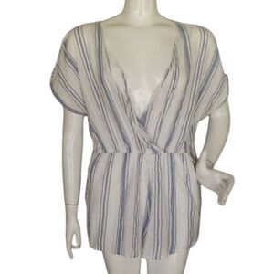 OUT FROM UNDER Swim Cover/Romper, L, White/Blue Stripes, Elastic Waist, Pockets